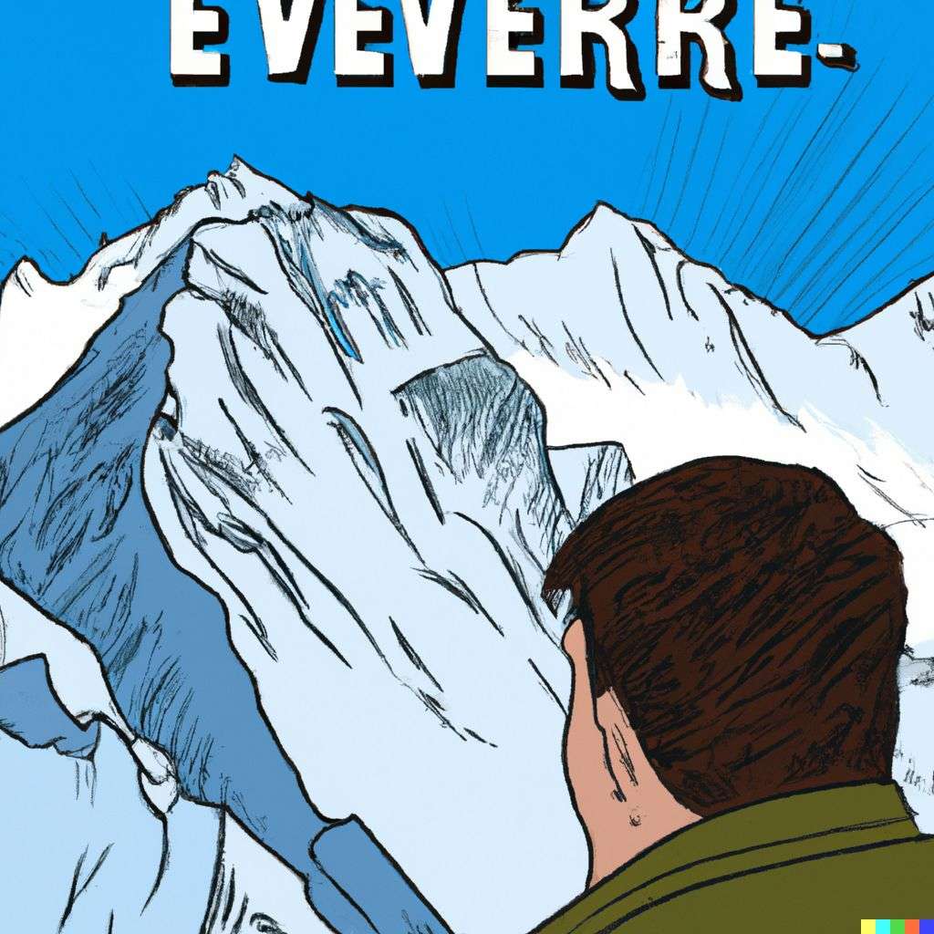 someone gazing at Mount Everest, comic book drawing
